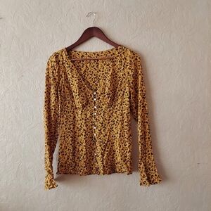 Women's yellow blue ditsy floral bell sleeve button front blouse